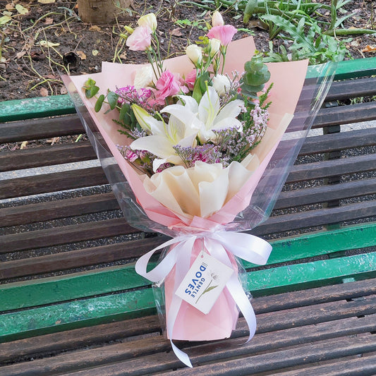 Two White Lilies with Pink and Purple Flowers Bouquet