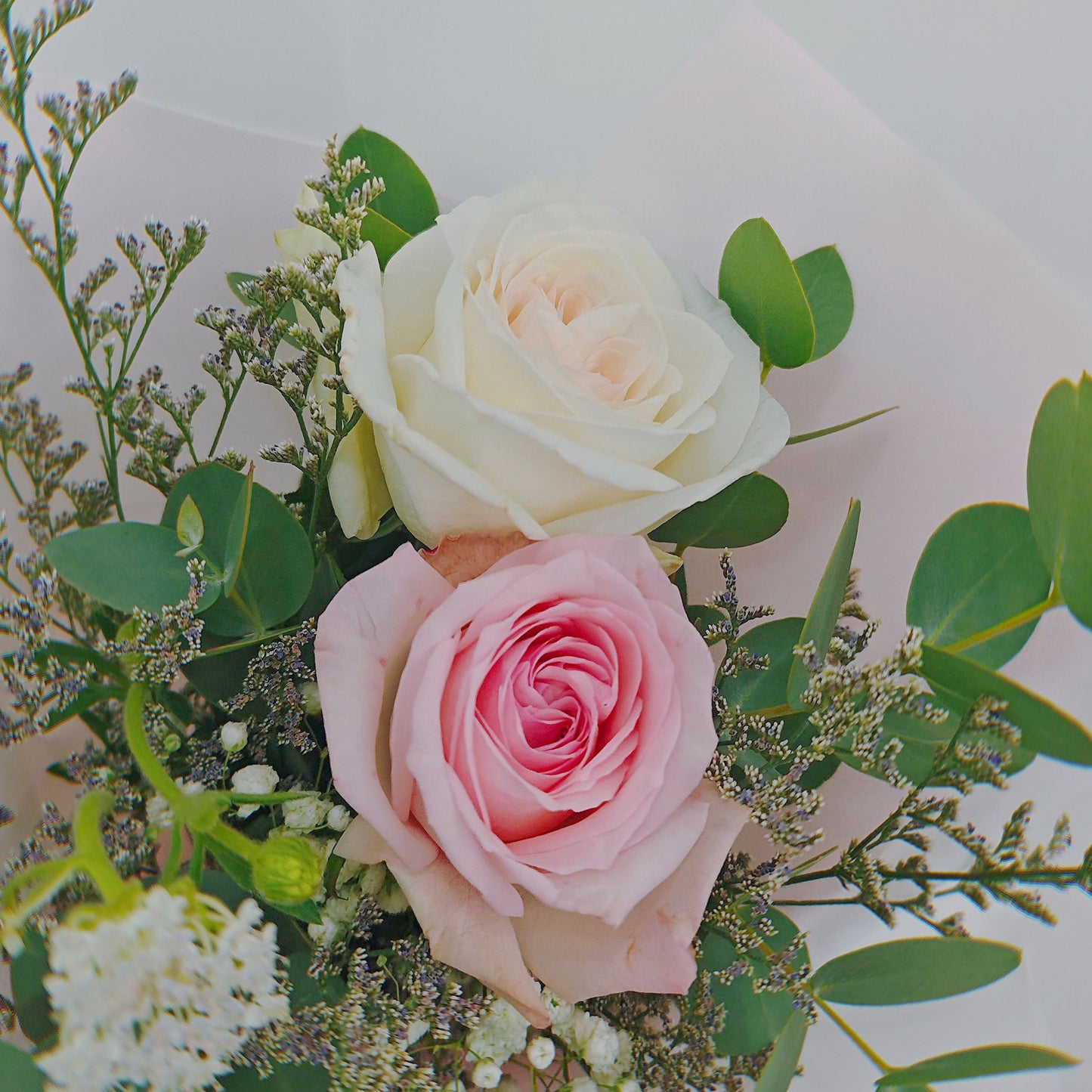 Two White and Soft Pink English Roses with Foliage Bouquet