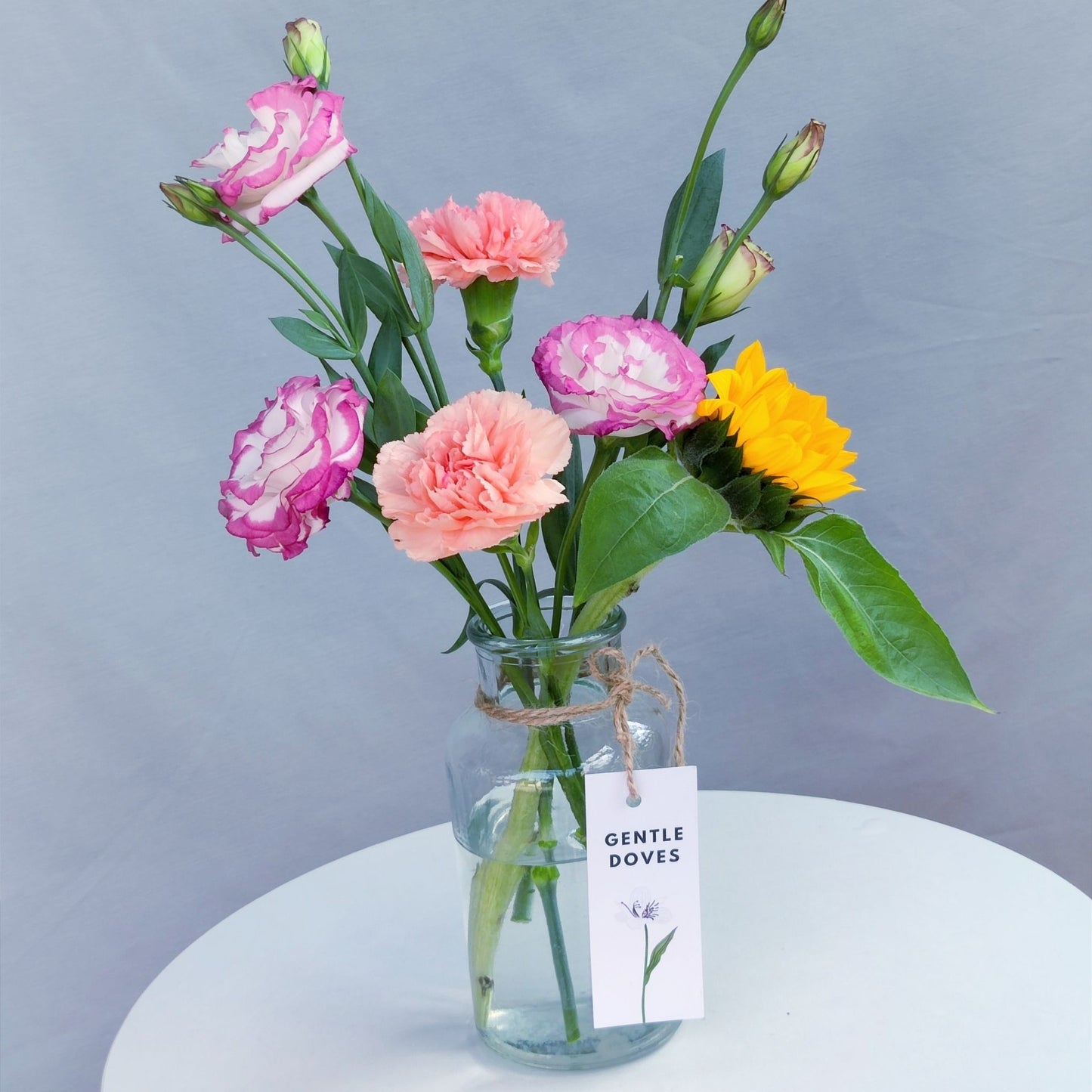 Lisianthus with Carnations and Sunflowers in Medium Vase Arrangement