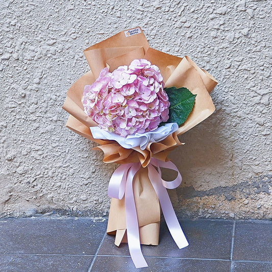 Single Pink Hydrangea in Craft Paper Bouquet