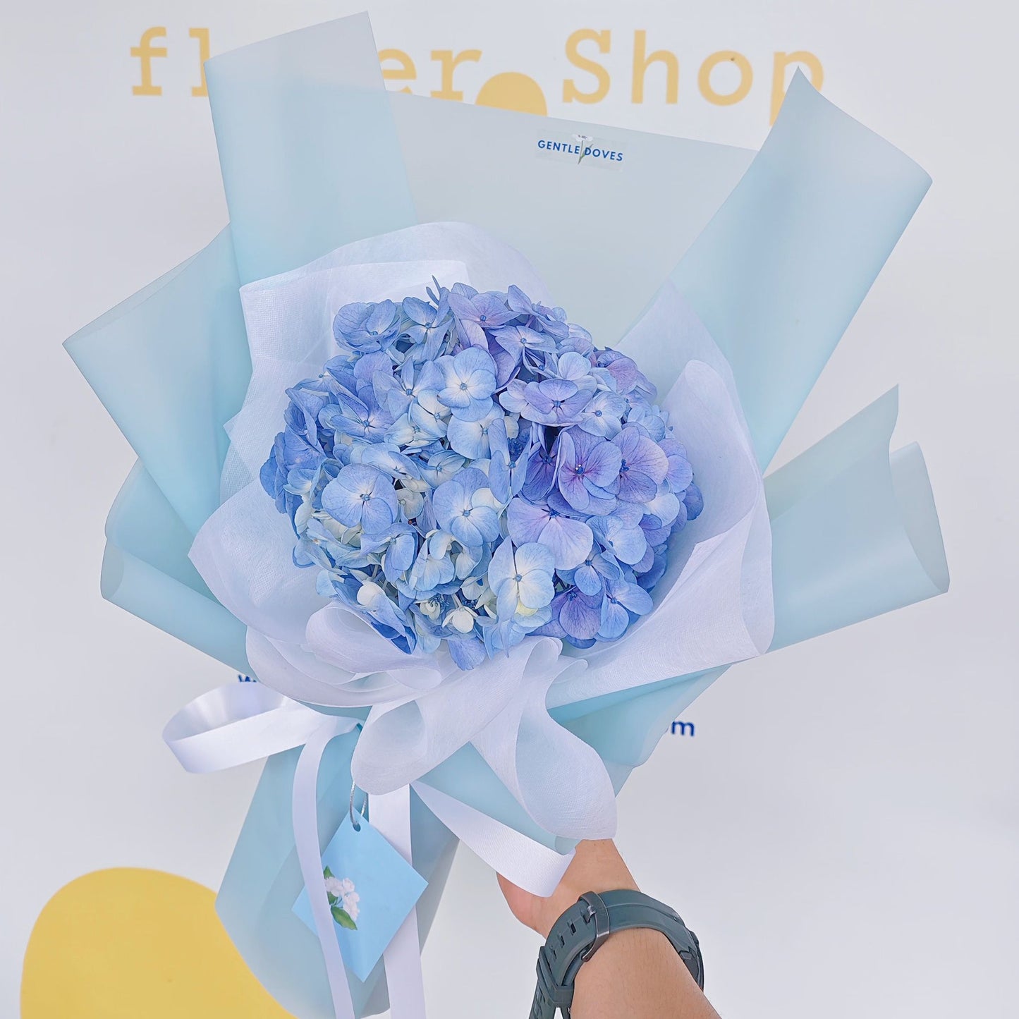 Single Blue Hydrangea in Soft Blue Paper Bouquet