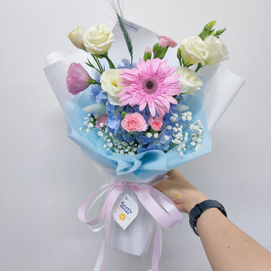 Single Blue Hydrangea with Assorted Pink and White Flowers Small Bouquet