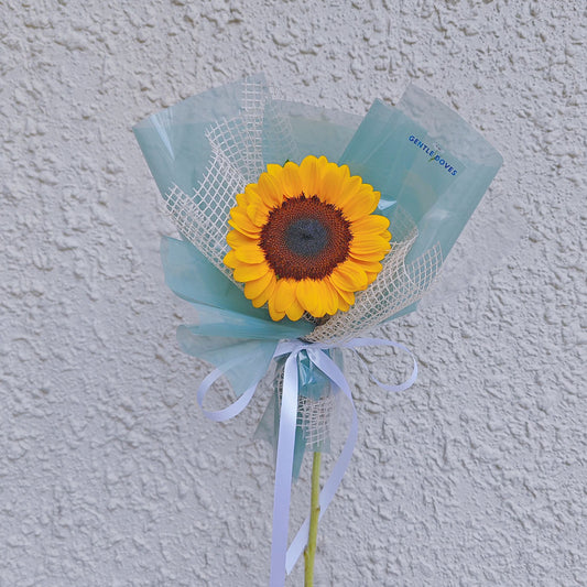 Single Sunflower in Soft Green and Mesh Paper Minimal Bouquet