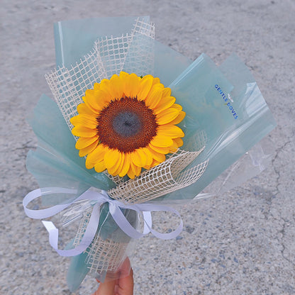 Single Sunflower in Soft Green and Mesh Paper Minimal Bouquet