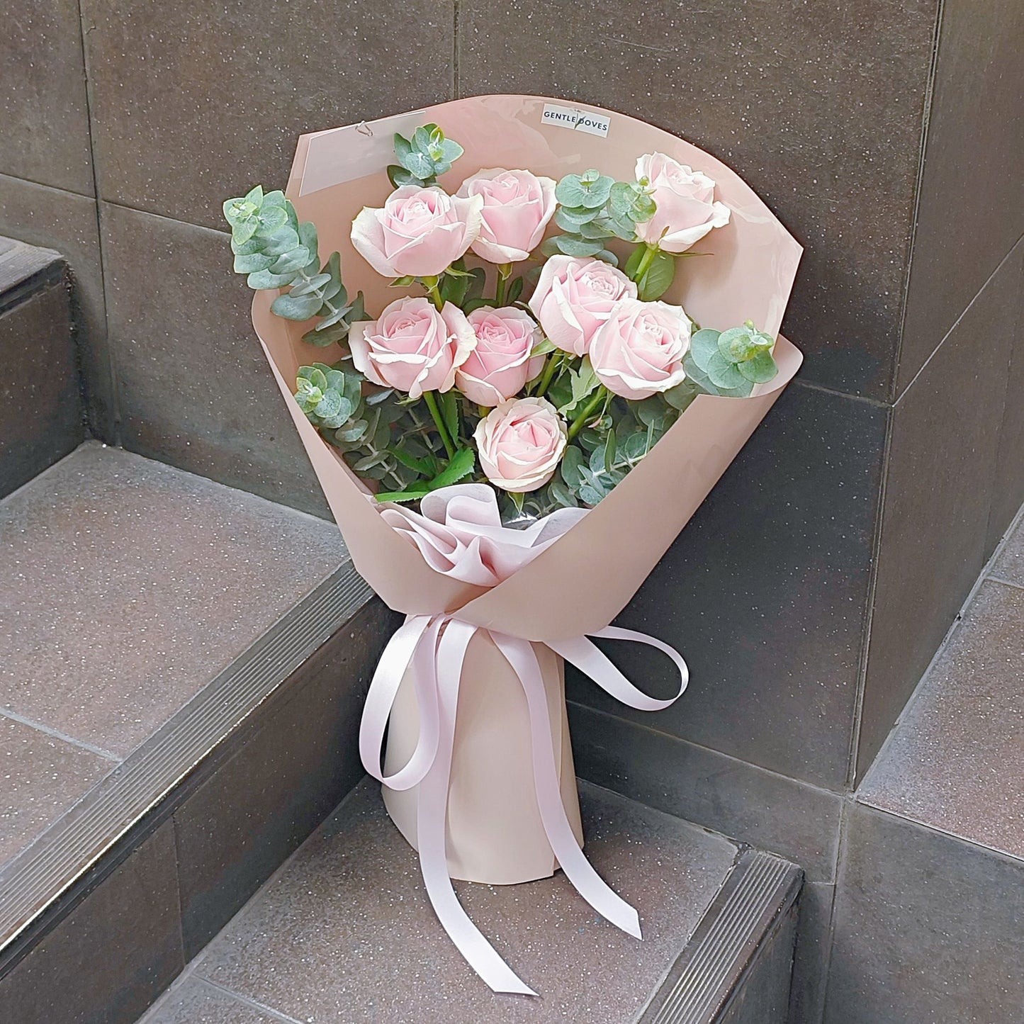 Eight Soft Pink Roses with Eucalyptus Bouquet