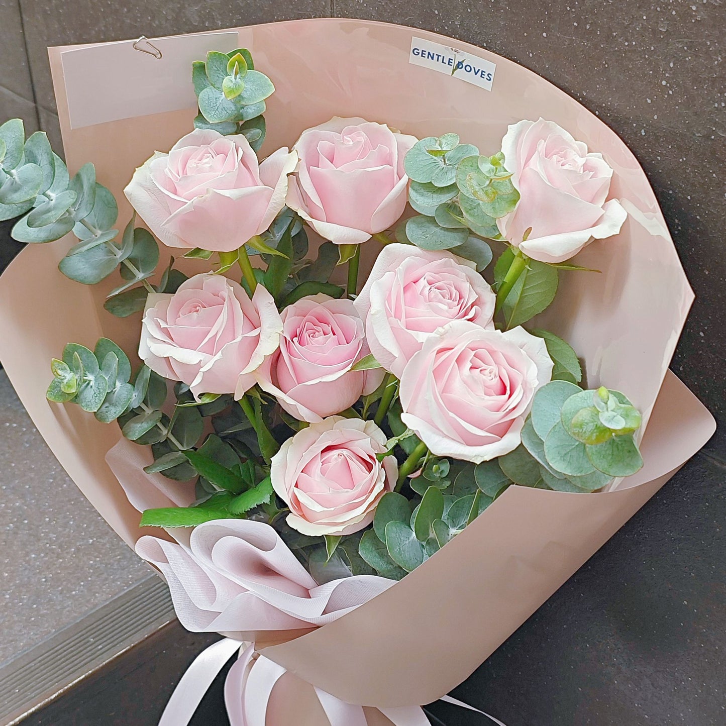 Eight Soft Pink Roses with Eucalyptus Bouquet