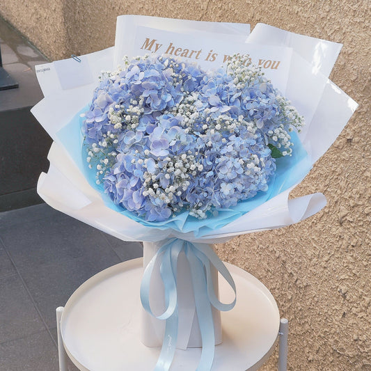 Blue Hydrangeas with Gypsophila 'My heart is with you' Extra Large Bouquet