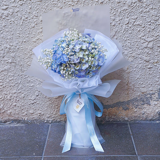 Single Blue Hydrangea with Gypsophila in Matte Paper Bouquet