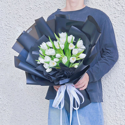 Thirty White Tulips in Black Paper Bouquet