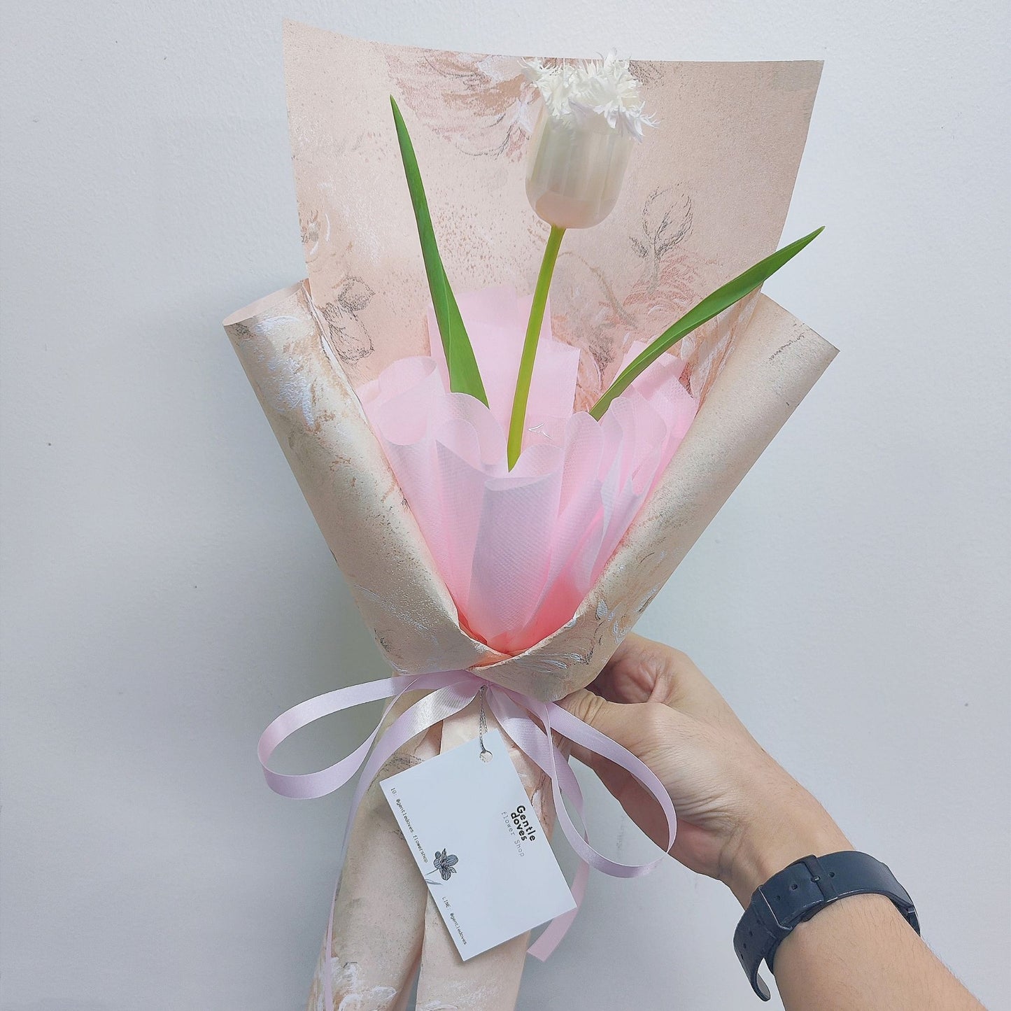 Single White Honeymoon Tulip in Soft Pink Floral Pattern Paper Bouquet