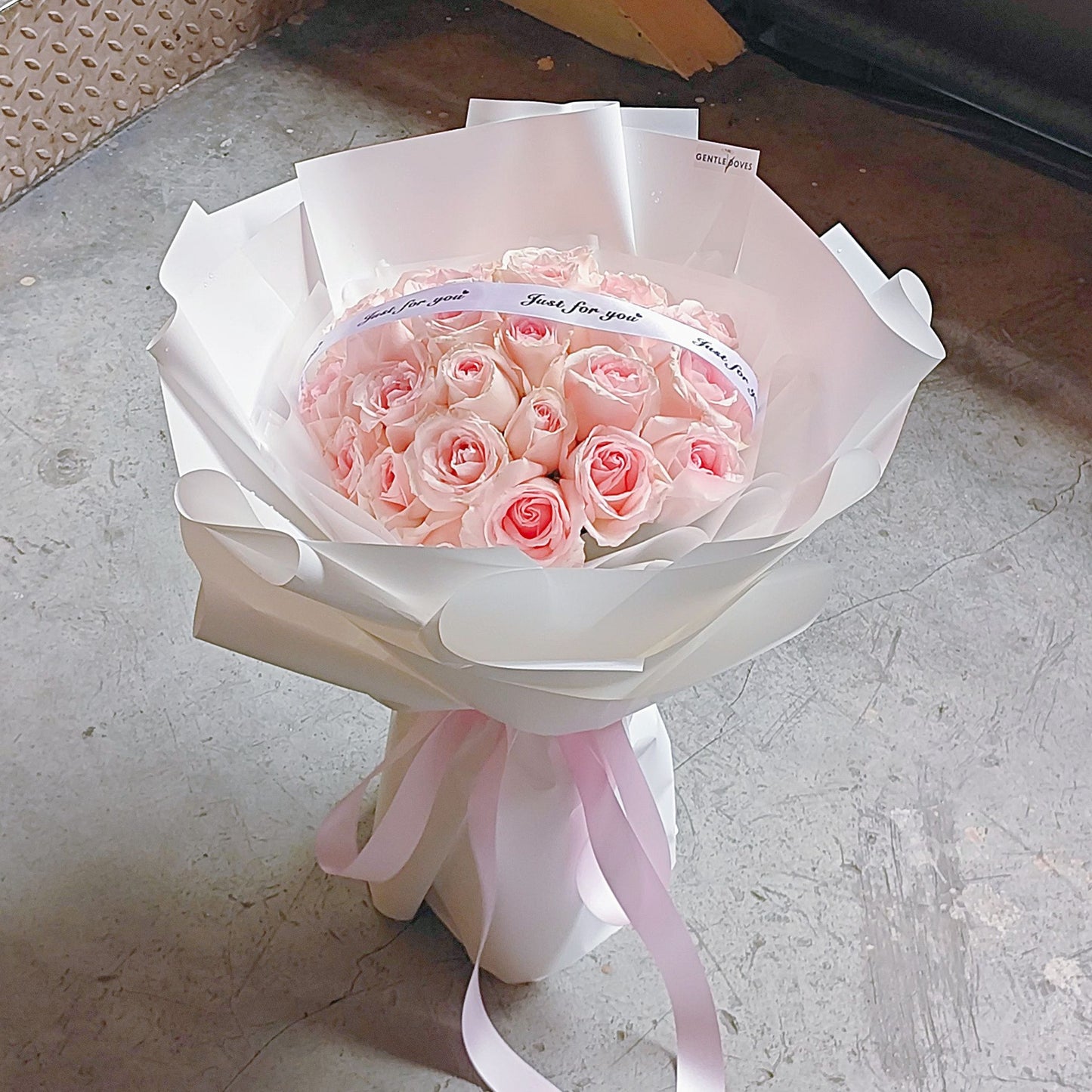 Thirty Soft Pink Roses in White Paper Bouquet