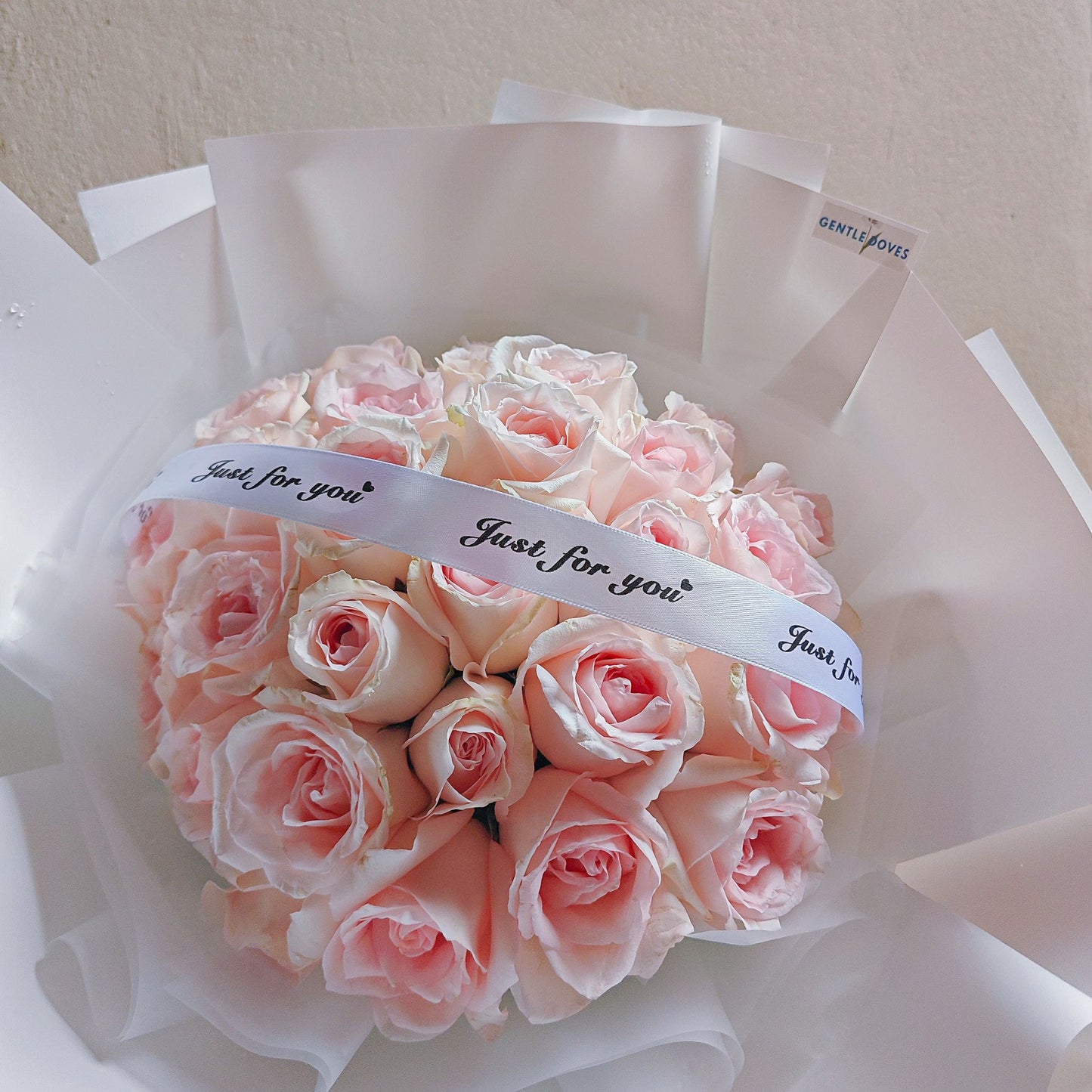 Thirty Soft Pink Roses in White Paper Bouquet