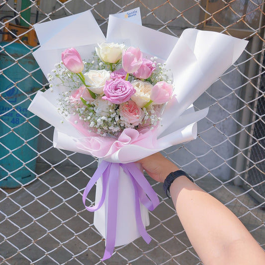 Assorted Purple and Pink Roses with Tulips Bouquet