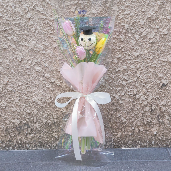 Graduated Smiley Face with Three Tulips Bouquet
