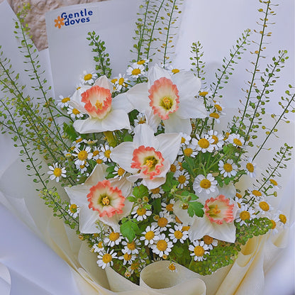 Five Daffodils with Daisies and Pepper Grass Bouquet