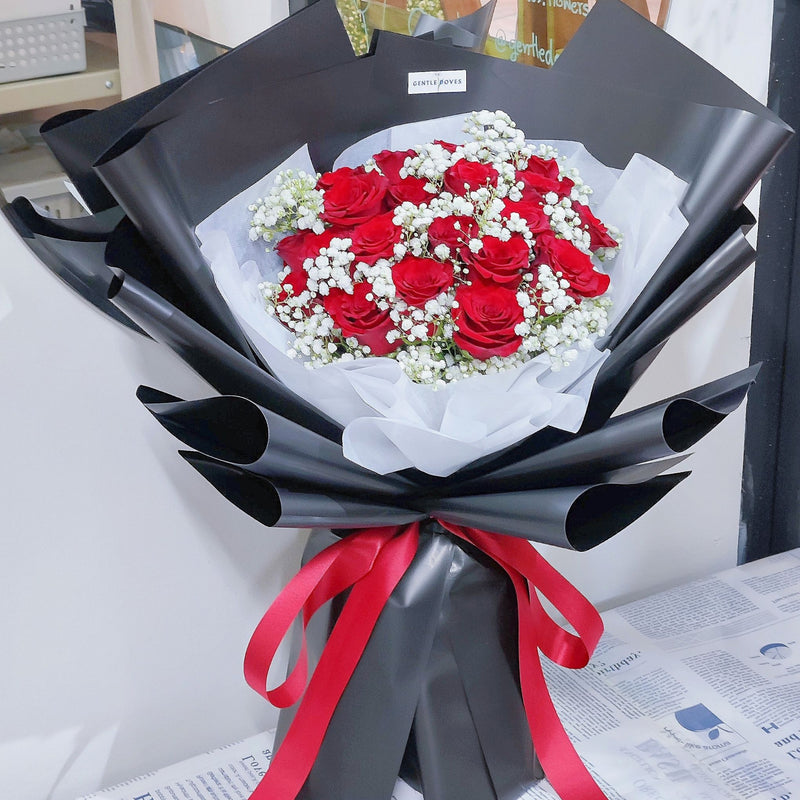 Twenty Imported Red Roses with Gypsophila Extra Large Bouquet