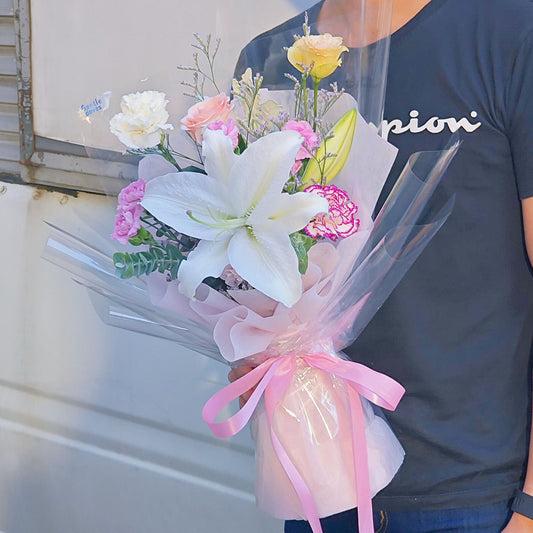 White Lily with Assorted Pink and Purple Flowers Minimal Bouquet