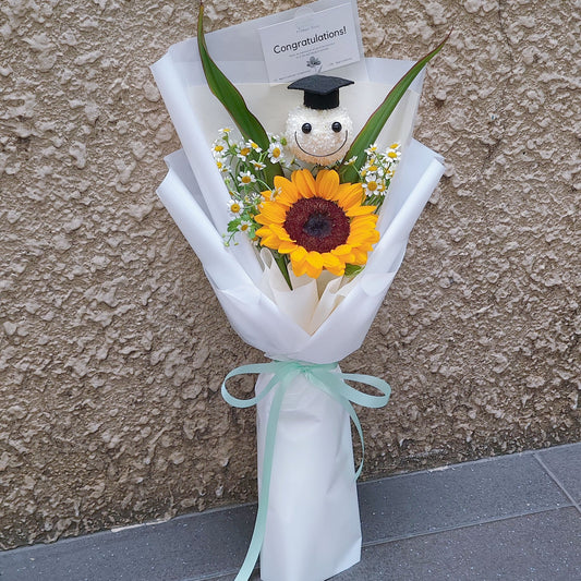 Stretching hands Graduated Smiley Face with Sunflower and Daisies Bouquet