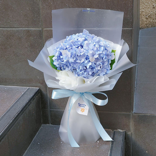 Single Blue Hydrangea in Matte Paper Bouquet