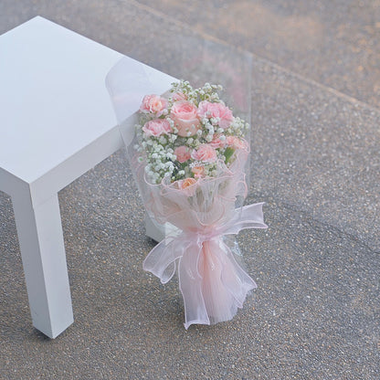 Single Soft Pink Rose with Gypsophila and Pastel Pink Carnations Minimal Bouquet
