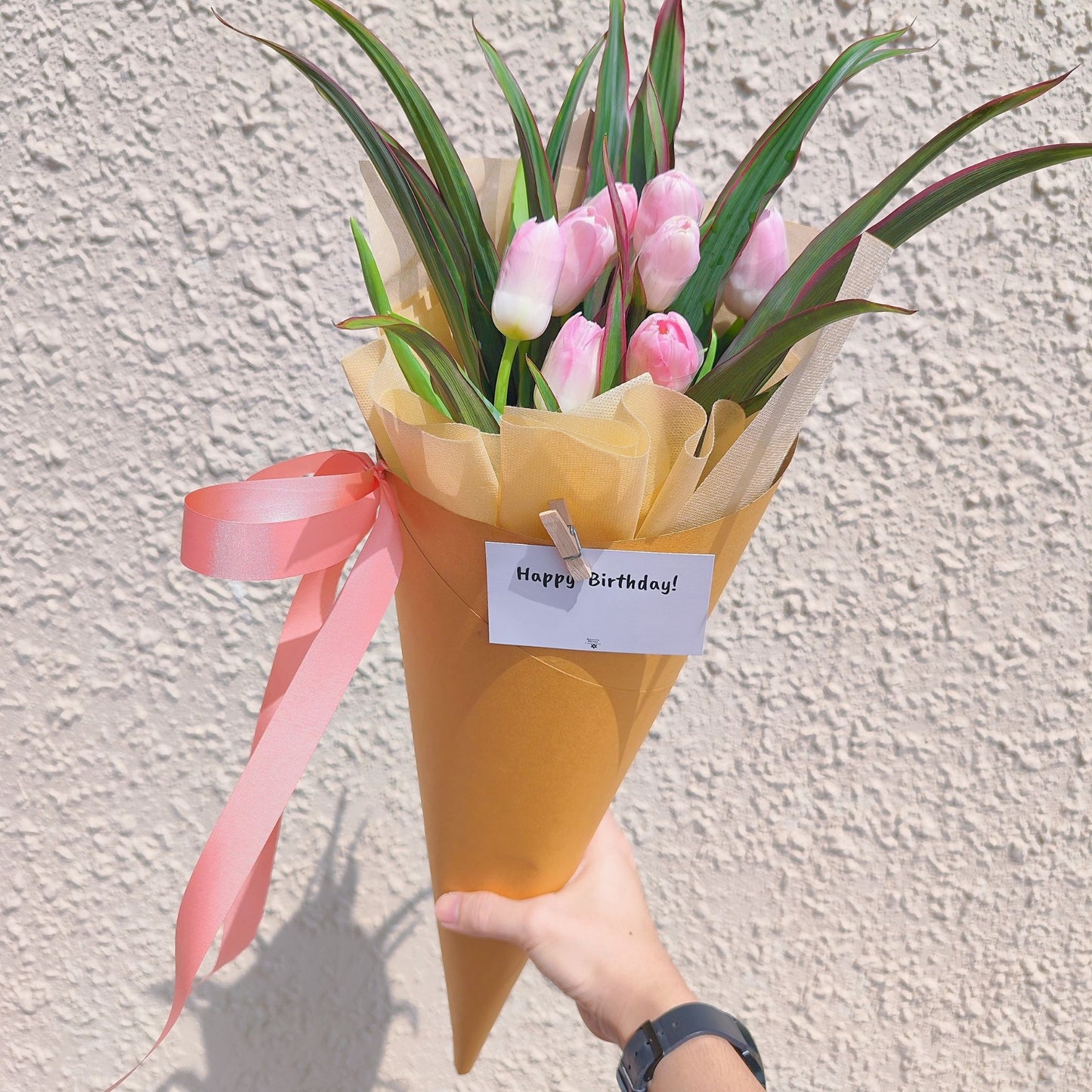 Eight Soft Pink Tulips in Cone Bouquet