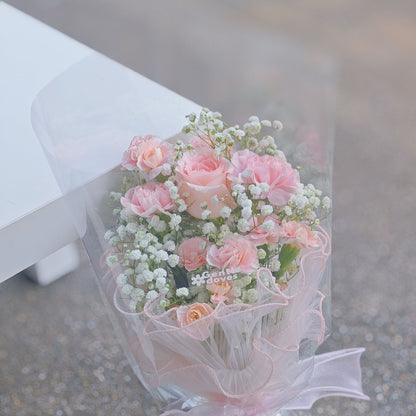 Single Soft Pink Rose with Gypsophila and Pastel Pink Carnations Minimal Bouquet
