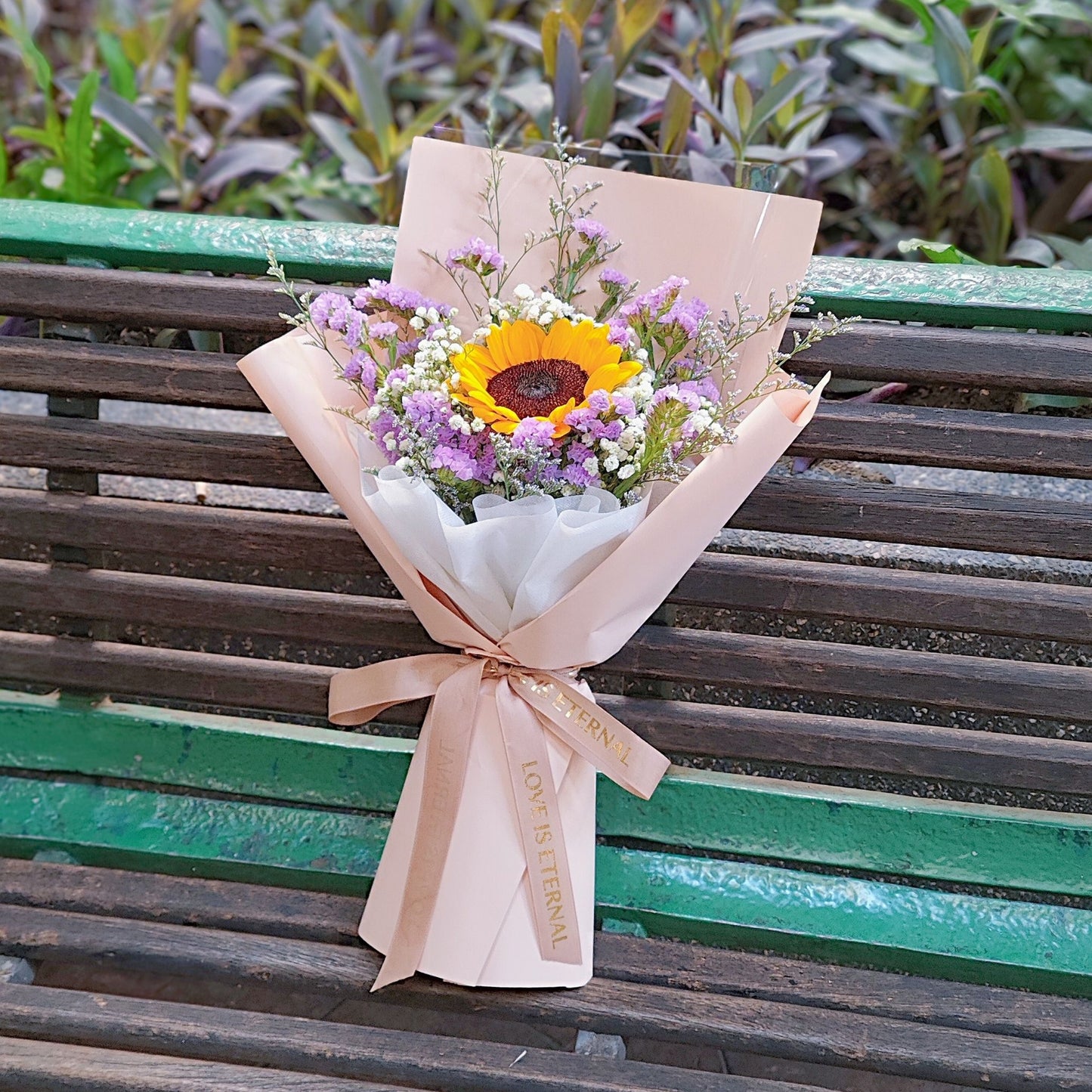 Single Sunflower with Statice, Gypso and Caspia Small Bouquet