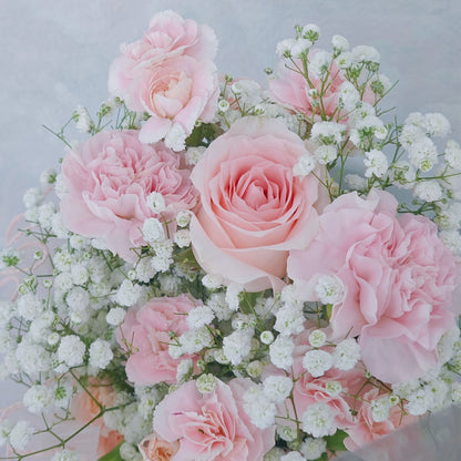 Single Soft Pink Rose with Gypsophila and Pastel Pink Carnations Minimal Bouquet