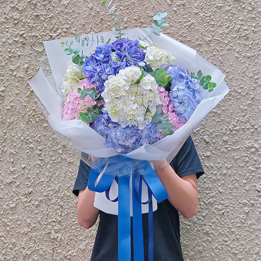 Eight Assorted Colors Hydrangeas in White Paper Extra Large Bouquet