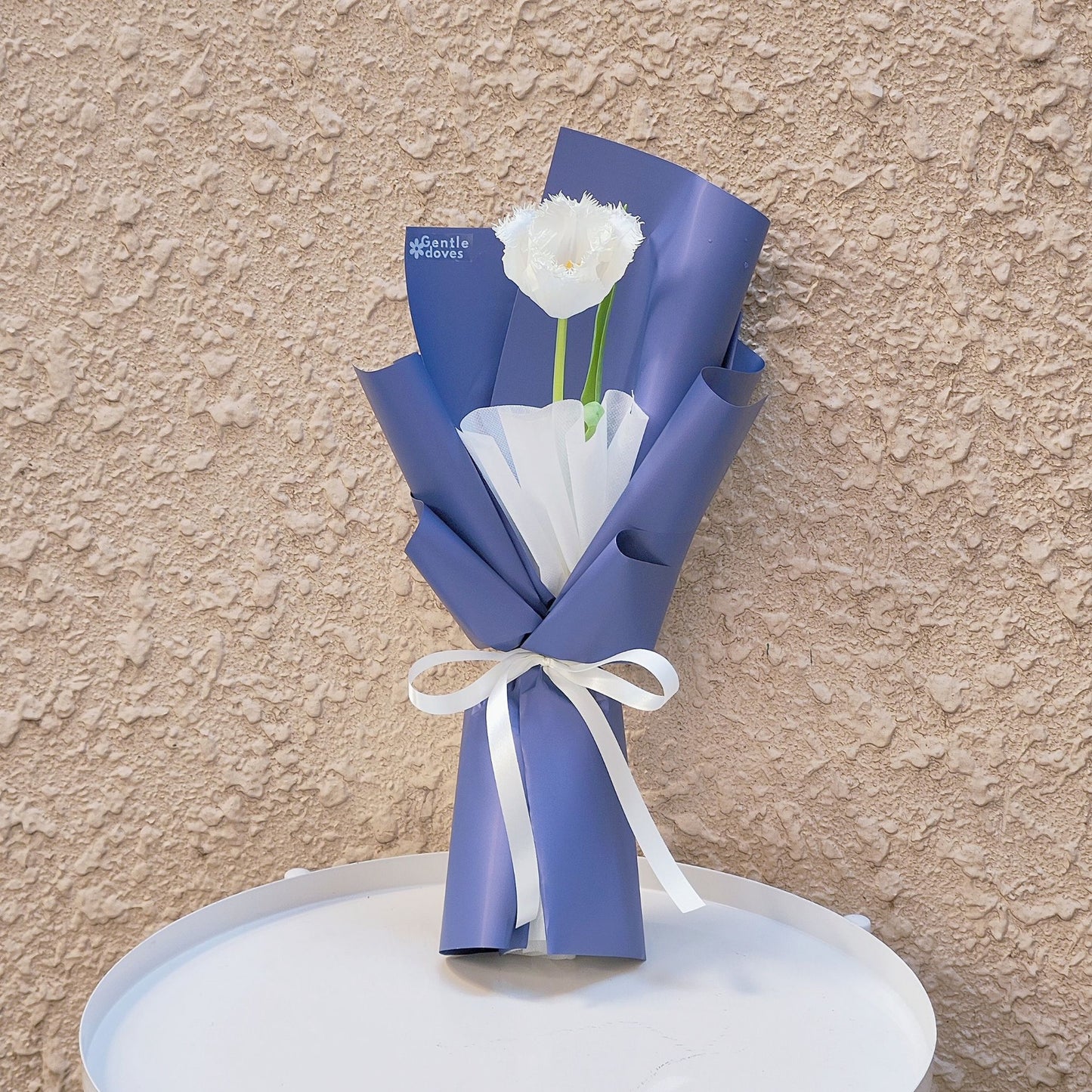 Single White Honeymoon Tulip in Blue Paper Bouquet