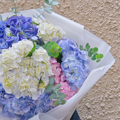 Eight Assorted Colors Hydrangeas in White Paper Extra Large Bouquet