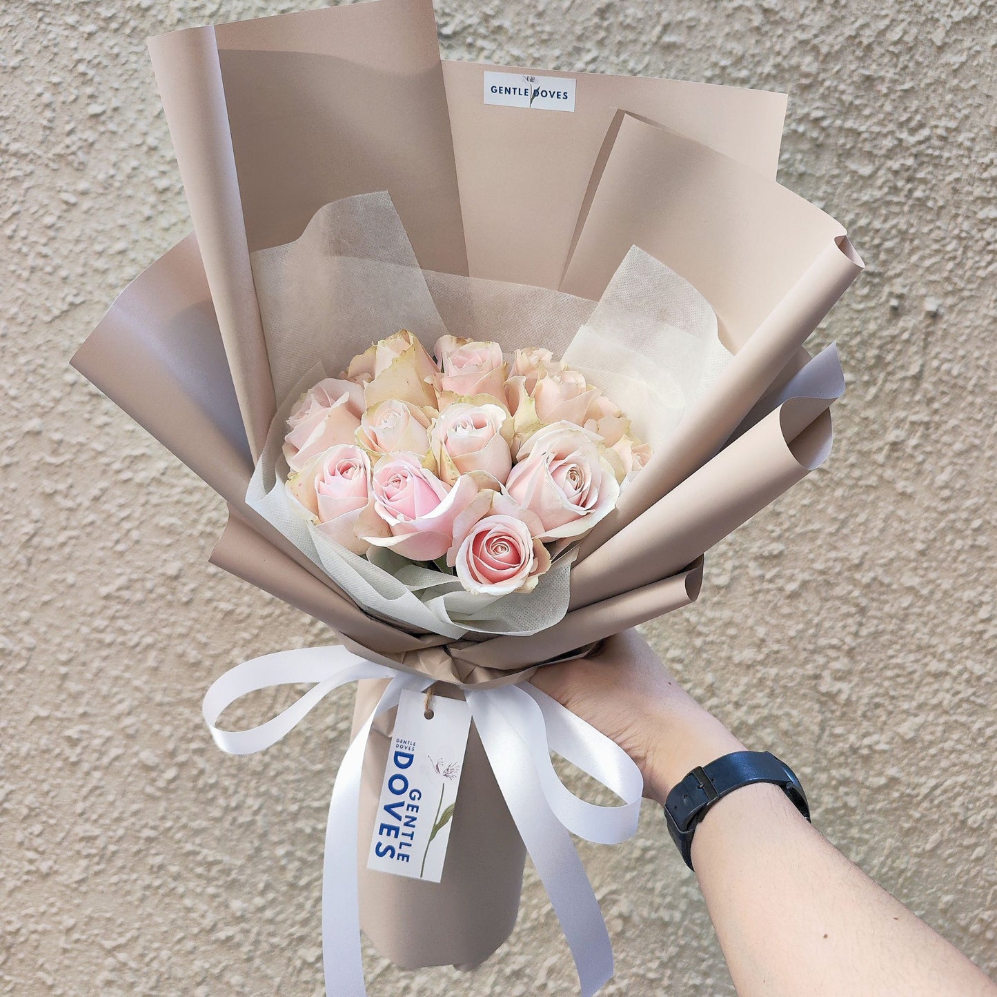 Fifteen Soft Pink Pastel Roses in Cream Color Paper Bouquet