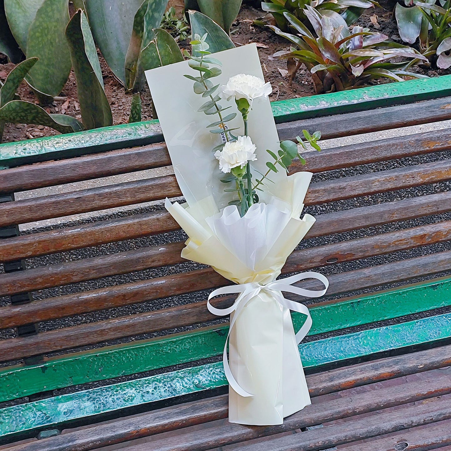 Two White Carnations with Eucalyptus Minimal Bouquet