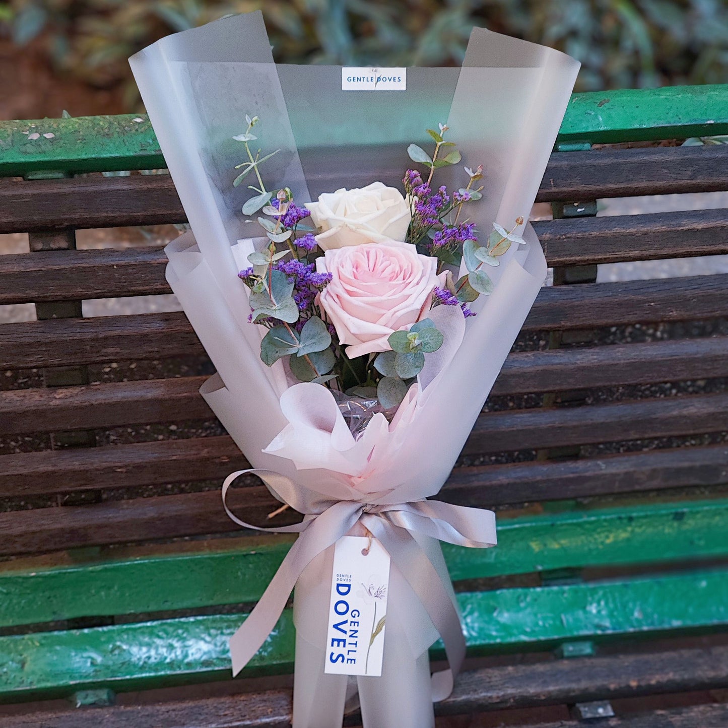 Two White and Pink English Roses with Foliage Minimal Bouquet