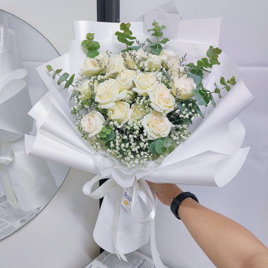 Sixteen White English Roses with Gypsophila and Eucalyptus Bouquet