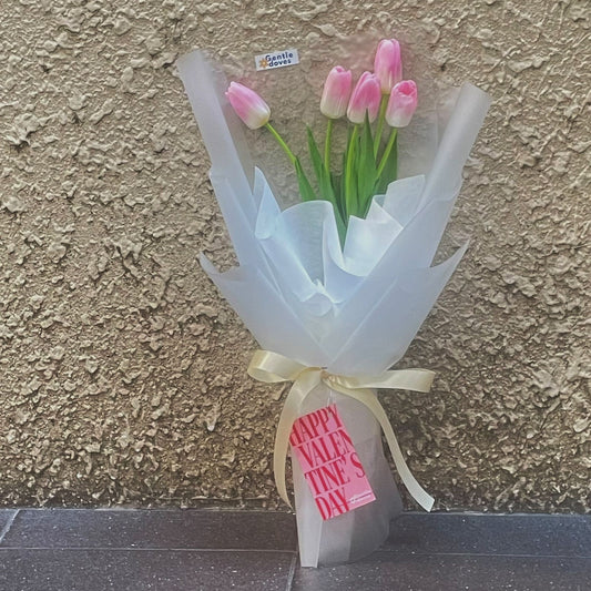 Five Soft Pink Tulips in Matte Paper Bouquet