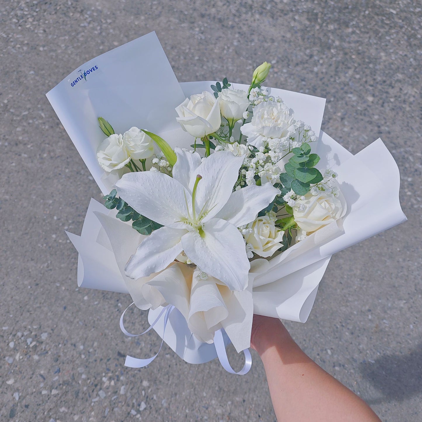Single White Lily with Assorted White Flowers Bouquet