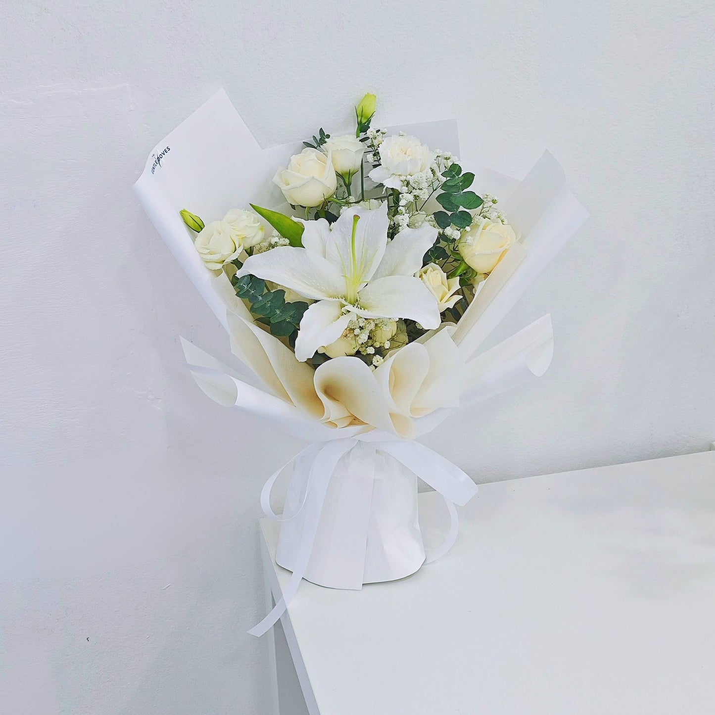 Single White Lily with Assorted White Flowers Bouquet