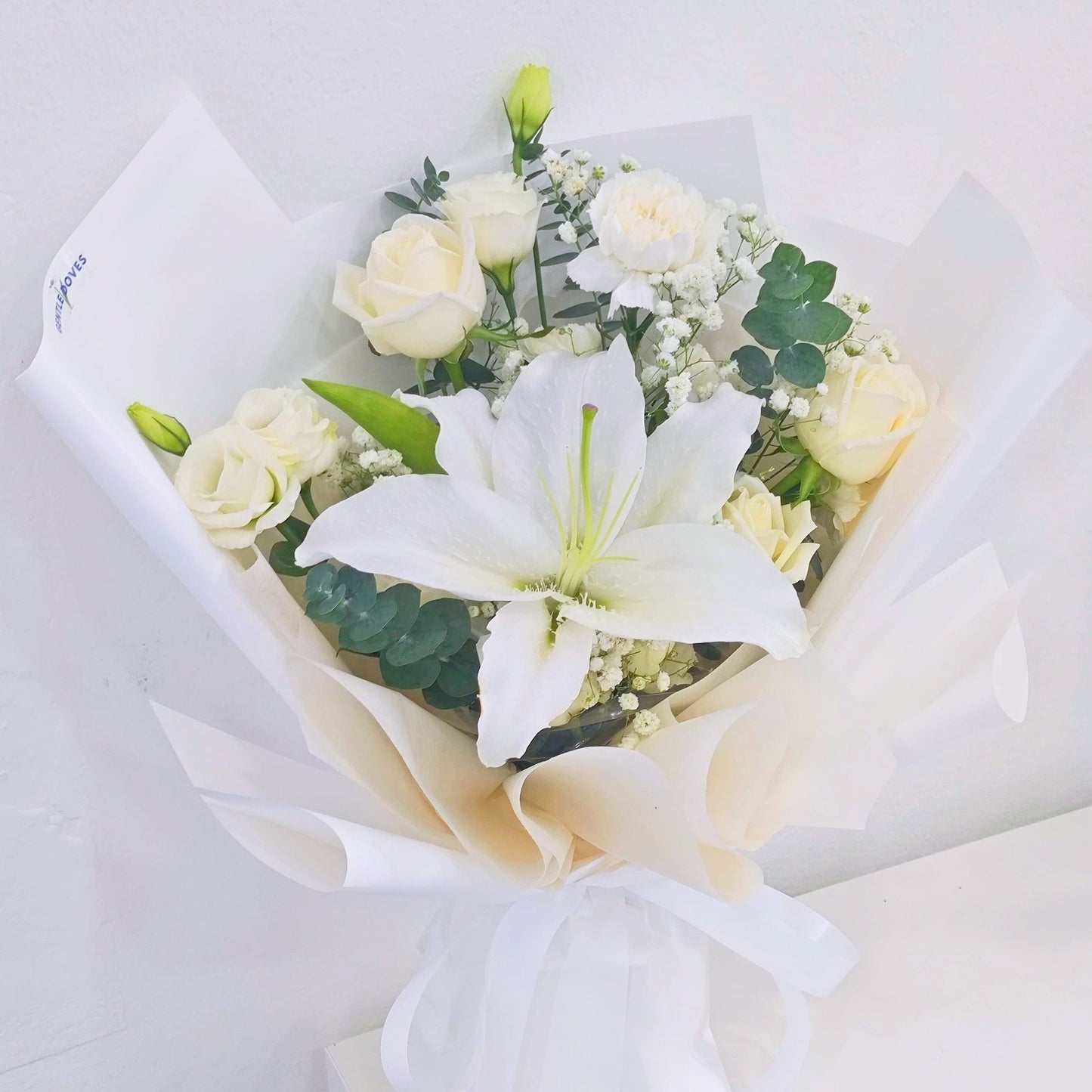 Single White Lily with Assorted White Flowers Bouquet