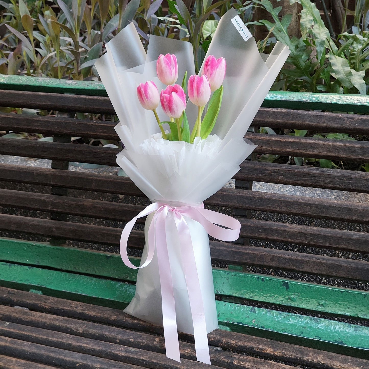 Five Pink Tulips in Matte Paper Bouquet