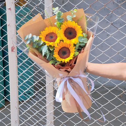 Three Sunflowers with Eucalyptus and Pepper Grass in Kraft Paper Bouquet