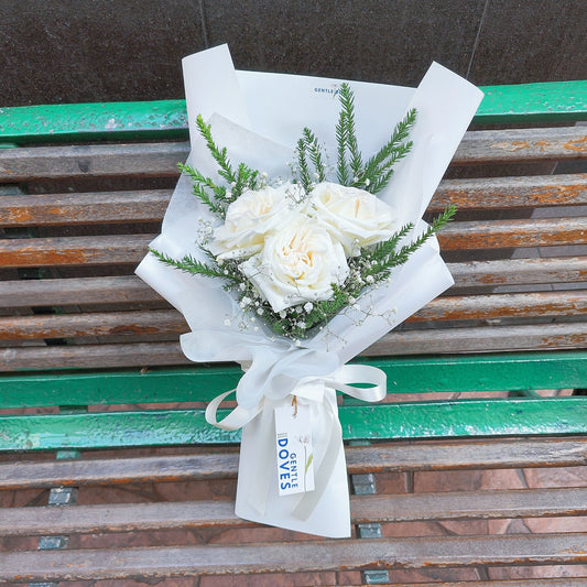 Three White English Roses with Sugi Pines and Gypsophila Bouquet