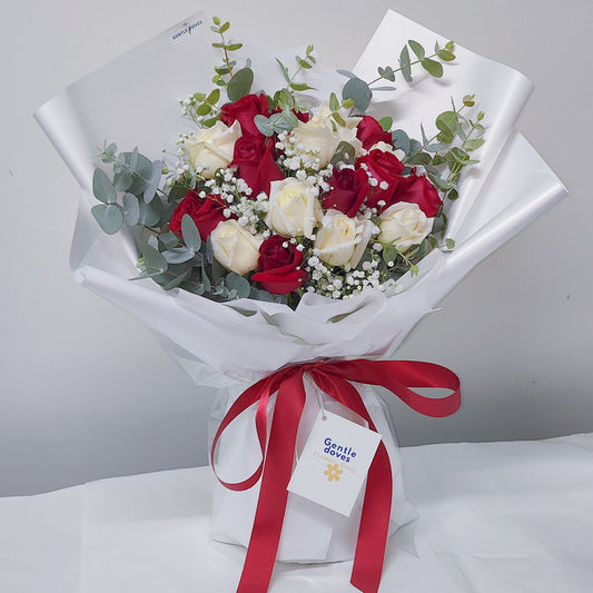 Eighteen White and Red Roses with Gypsophila and Eucalyptus Bouquet