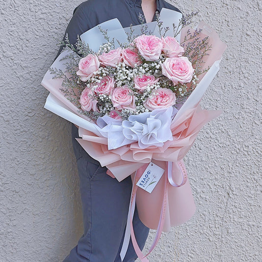 Twelve Soft Pink English Roses with Gypsophila and Caspia Extra Large Bouquet