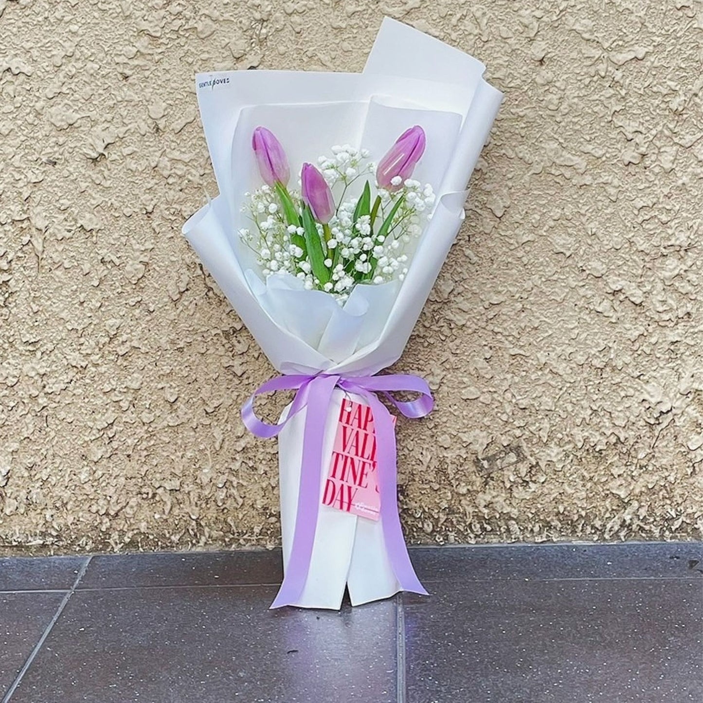 Three Purple Tulips with Gypsophila Bouquet