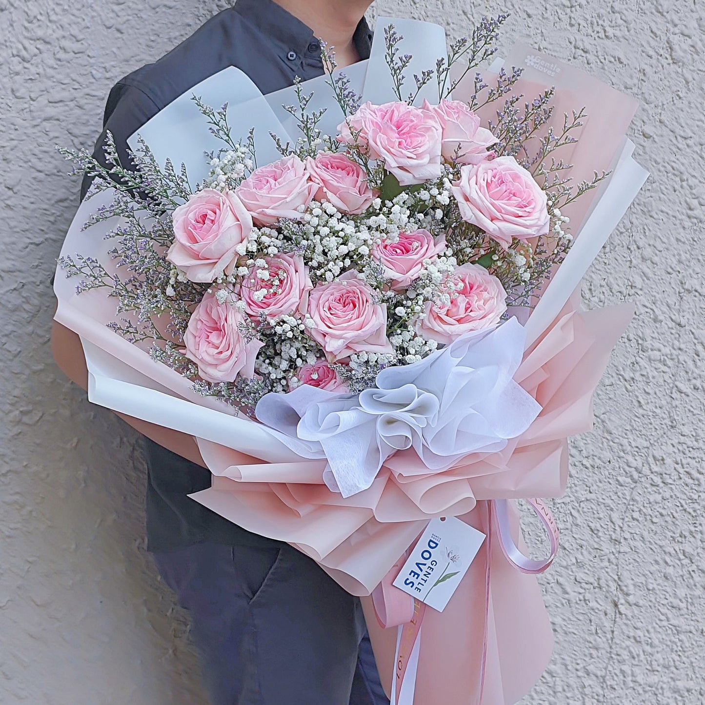 Twelve Soft Pink English Roses with Gypsophila and Caspia Extra Large Bouquet