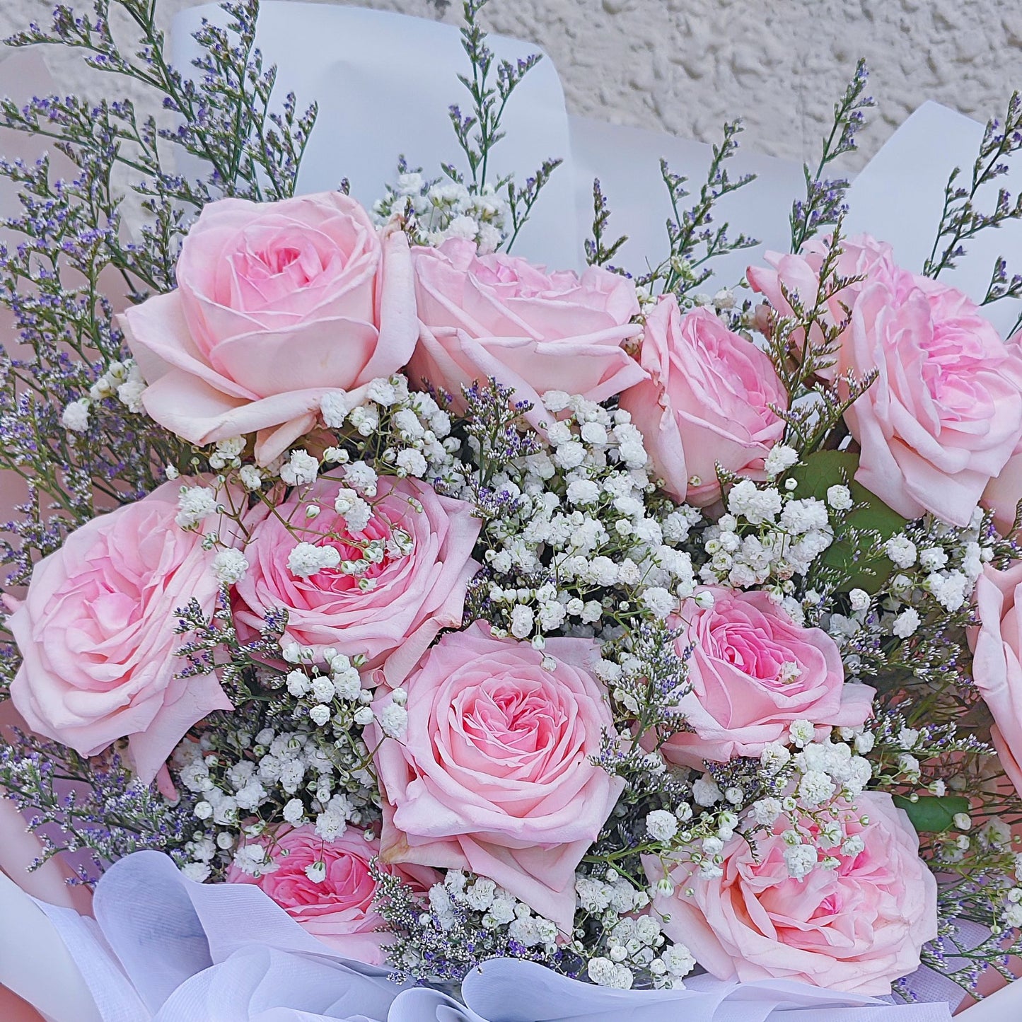 Twelve Soft Pink English Roses with Gypsophila and Caspia Extra Large Bouquet