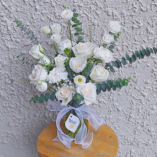 Assorted White Flowers with Tulips in Medium Vase Arrangement.