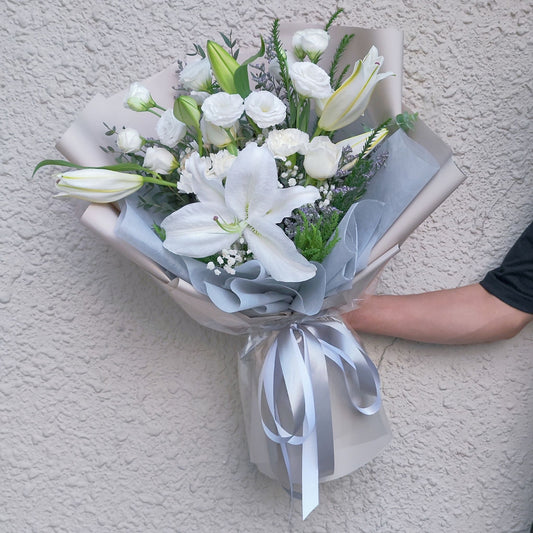 Scented White Lilies and Lisianthus in Soft Brown Extra Large Bouquet