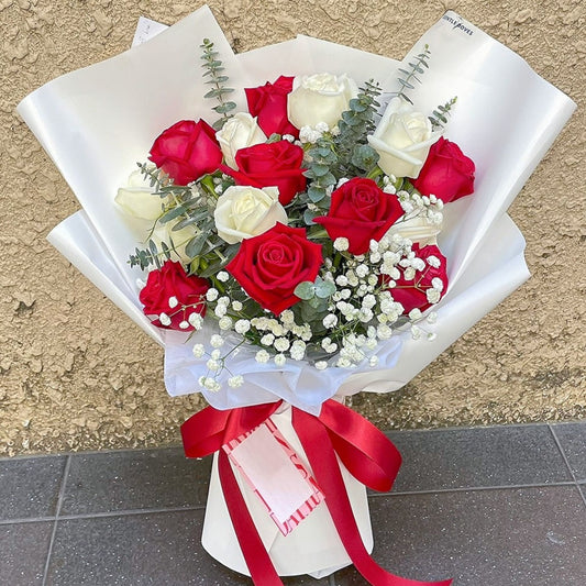 Fifteen White and Red Roses with Filler Flowers Bouquet